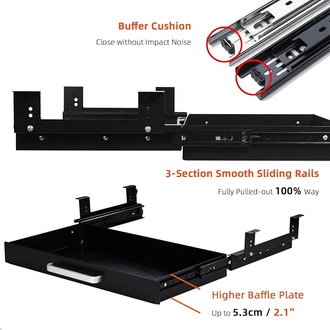 Under Desk Drawer Organizer 21" Black Upgraded with Adjustable Brackets, Sliding Pull-Out Under Table Pencil Drawer, Office Standing Desk Attachment for Workbench