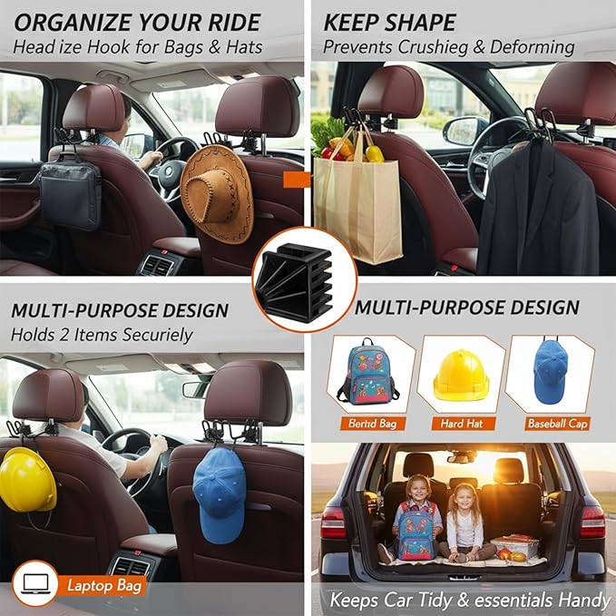 2 Pack Heavy Duty Dual Hook Helmet Rack for Truck, Adjustable Headrest Hanger, Hard Hat Holder Vehicle Accessory