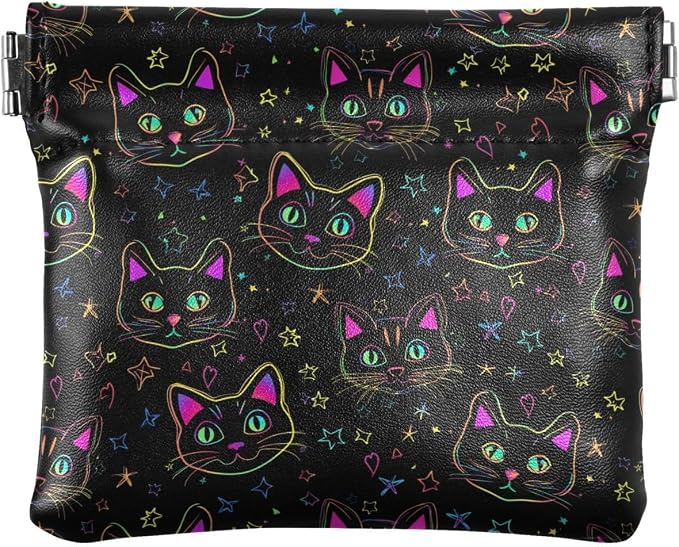 Neon Cat Women's Waterproof PU Leather Coin Purse, Slim Travel Wallet with Zipper - Compact Card Holder & Jewelry Organizer for Cash, Keys, Lipstick