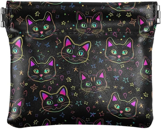 Neon Cat Women's Waterproof PU Leather Coin Purse, Slim Travel Wallet with Zipper - Compact Card Holder & Jewelry Organizer for Cash, Keys, Lipstick