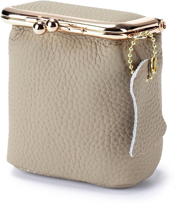 Litchi Leather Coin Purse for Women, Portable Vintage Wallet Mini Lipstick Holder Fashion Solid Color Kiss Lock Key Storage Square Pouch (Grey)