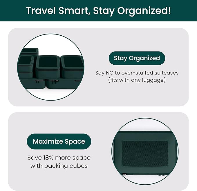 NOBL Travel Compressible Packing Cubes Set, 6 Pieces Travel Packing Organizers, Compression Luggage Cubes for Suitcases & Carry On, Space Saving (XXS, XS, S, M, L, XL) - Forest Green