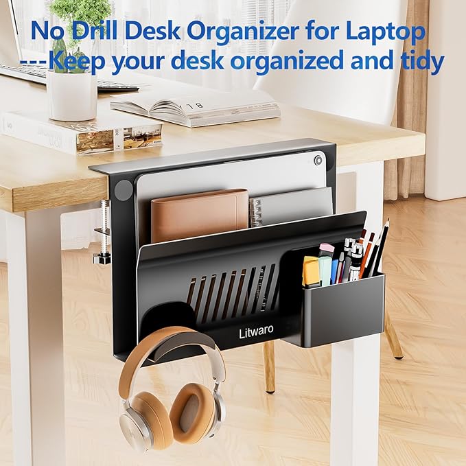 Litwaro Desk Side Storage Organizer, No Drill Laptop Holder Clamp on Desk Shelf with Magnetic Pen Holder, Hanging Organizer Fits Flat Edge Desks 0.4" to 2.1" (Black)
