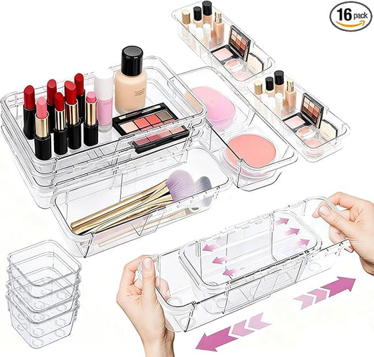 16 Pcs Upgraded Extendable Clear Drawer Organizer, Adjustable Vanity Storage Box, 3-Size Desk Drawer Organizer, Durable Storage Bins for Makeup, Cosmetic, Bedroom Dressers Tool Organizer for Gadgets