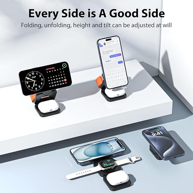 KU XIU X55 Foldable 3 in 1 Charging Station for Apple Devices, 15W Fast Magnetic Wireless Charger, Magent Travel Charger Stand for iPhone 16 15 14 13 12 Series, 5W for Apple Watch, AirPods-Black