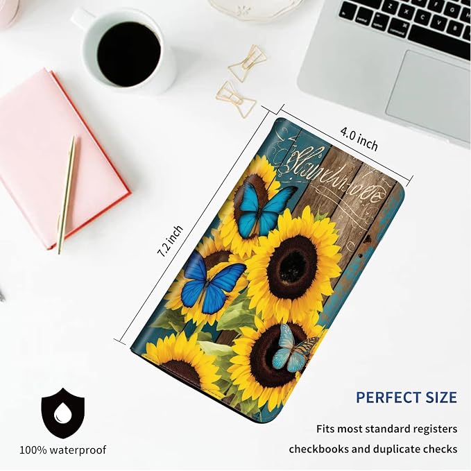 DEGDFSGR Checkbook Cover - Premium Leather Standard Duplicate Register Check Card Book Holder Wallet with RFID Blocking Function for Girl Men Women,Wooden Butterfly Sunflower