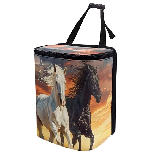 Biyejit Sunset Horse Car Trash Can with Lid Car Accessories Leak Proof Car Trash Bag Hanging Waterproof Car Garbage Can Multipurpose Storage Container for Back Seat Road Trip