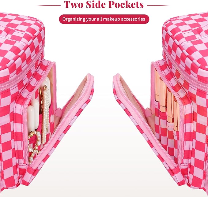 Bagmoly Large Checkered Makeup Bag, Travel Makeup Bag Organizer for Women Girls with Makeup Brush Compartment & Two Side Pockets, Cosmetic Travel Bag Vertical Storage Toiletry Bag- Hotpink