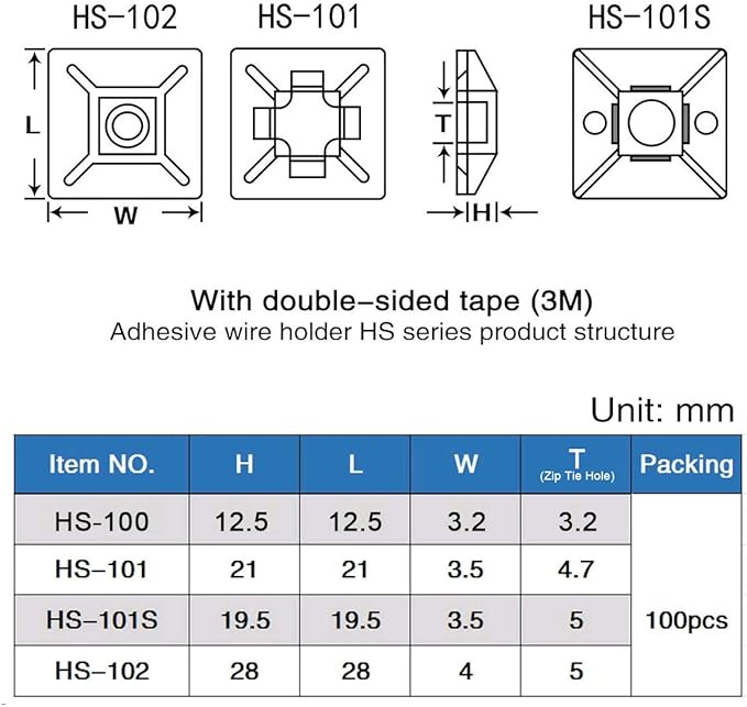 XHF 200 PCS 1/2" White Self Adhesive Cable Zip Tie Mounts Wire Cable Clips Holders Management Anchors Organizer Holders Squares(HS-100)