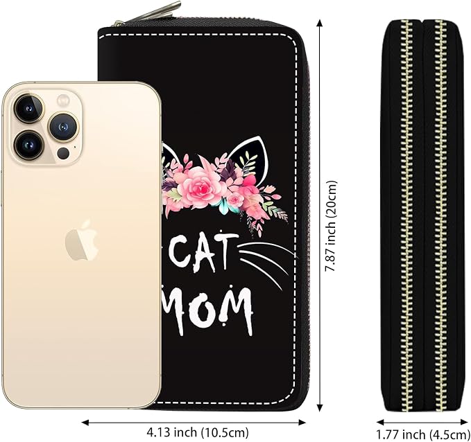 Women's Large Capacity Wallet PU Leather Double Zipper Clutch Purse Multifunctional Wallet with Removable Wristlet Strap for Smart Phone/Coin/Card/Cash, Floral Cat Mom