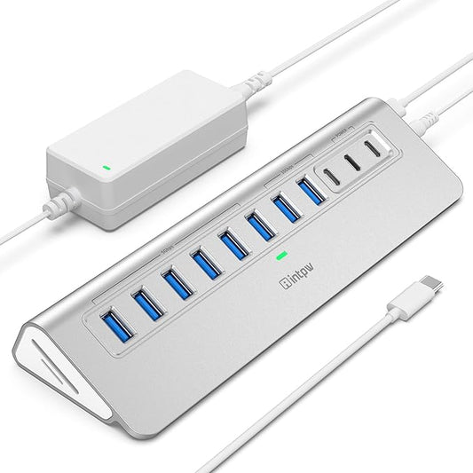 Powered USB Hub 10Gbps, intpw YH9AC Plus 13 Port USB 3.2 Hub(USB A/USB C 3.2+6 USB-A 3.0+2 PD 45W Fast Charging Ports+SD/TF Card Reader), 65W Power Adapter,Aluminum USB HUB for PC,Laptop,iPhone 17/16