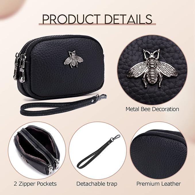 imeetu Women Leather Coin Purse, Small 2 Zippered Change Pouch Wallet