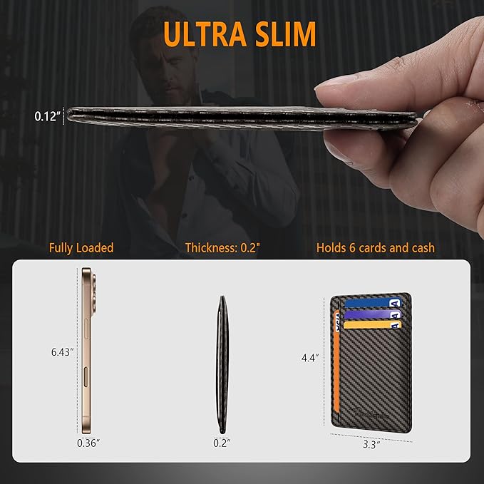 Travelambo Front Pocket Minimalist Leather Slim Wallet RFID Blocking Carbon Fiber Texture