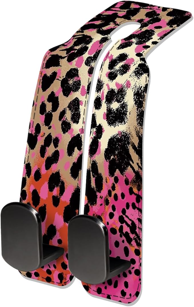 Car Seat Headrest Hook, Universal Leather Cute Hanger Holder Hook, Storage Organizer Interior Accessories for Purse Bags Handbag Colorful Leopard