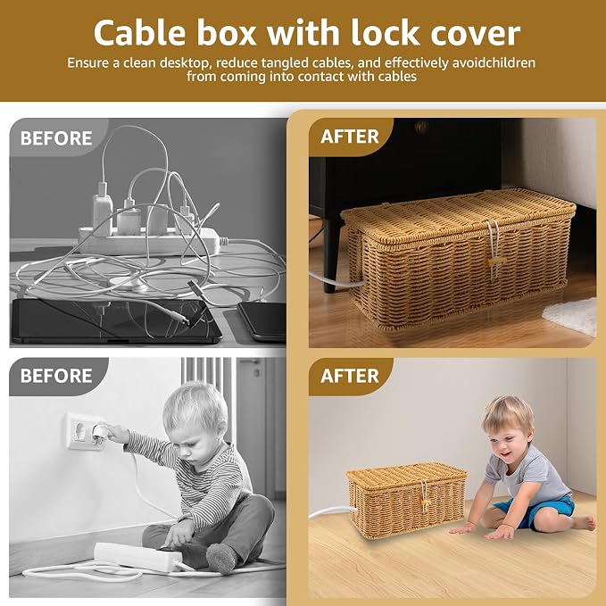 Cable Management Box with Lid, Handwoven Imitation Rattan Power Strip Hider Organizer for Computer Router USB Hub & Power Strip, Desktop Cord Organizer Box for Home Office DIY-Friendly Cord Management