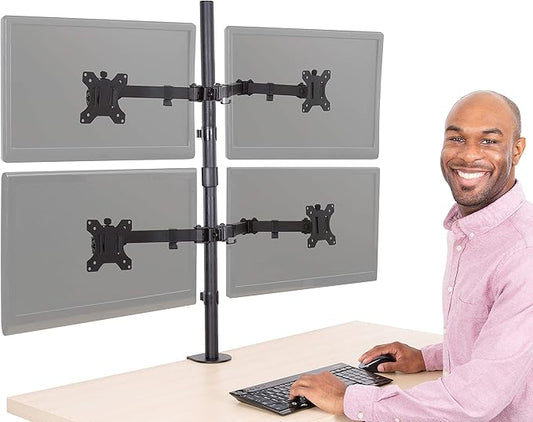 Stand Steady Clamp-On 4 Monitor Mount Desk Stand | Height Adjustable Quad Stand With Full Articulation VESA Mounts | Fits Most LCD/LED Monitors 13-32 Inches | Easy Set-Up