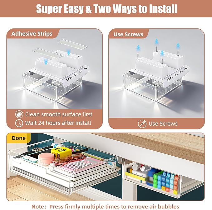 2-Pack Under Desk Drawer for Desk with Frame & Beam, Fits Where Standard Drawers Can't, 52mm Heightened Slide Out Organizer, Dual Adhesive or Screw Mount, Clear PET Under Table Storage