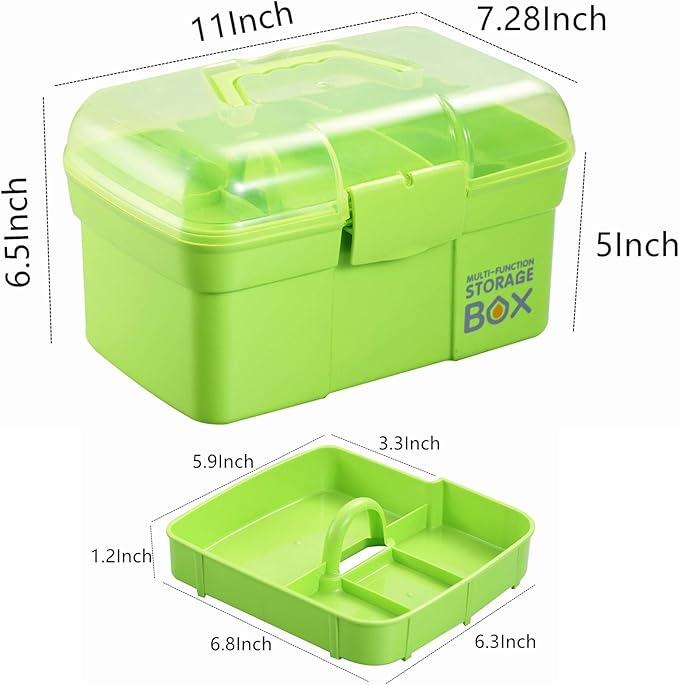 Kinsorcai 11'' Plastic Storage Box with Removable Tray, Multipurpose Organizer and Storage Case for Art Craft and Cosmetic (Green)