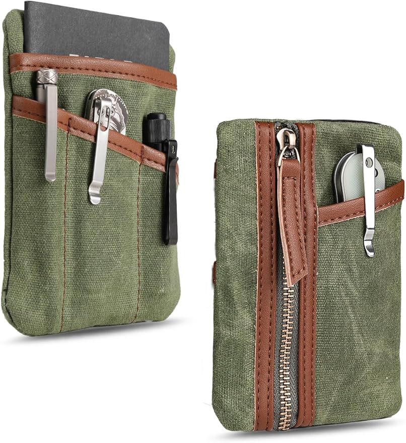 Sayram SP6 EDC Pouch, Waxed Canvas Compact Pocket Organizer, EDC Pocket Pouch for Men, Zippered Pocket Pouch, Mini EDC Organizer for Everyday Carry, Multitool Organizer Pouch (Oil Wax Green)
