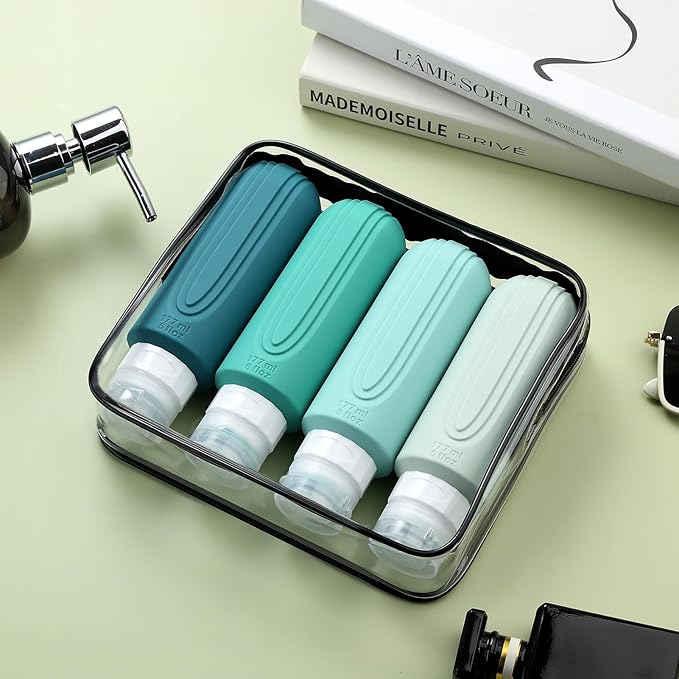 Mrsdry Travel Bottles for Toiletries, Large 6oz Oversize Containers, BPA Free Leak Proof Tubs Refillable Liquid Traveler Accessories with Toiletry Bag for Cometic Shampoo and Lotion Soap (4 Pack)
