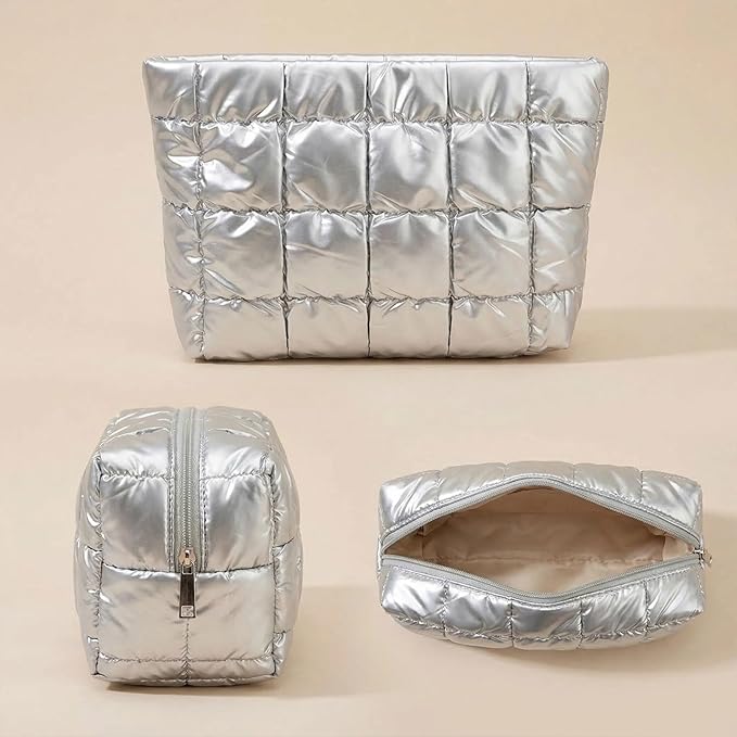 3Pcs Puffer Quilted Makeup Bag Travel Cosmetic Bag Set Portable Puffy Checkered Toiletry Pouch Skincare Organizer Purse Pencil Case (Silver)