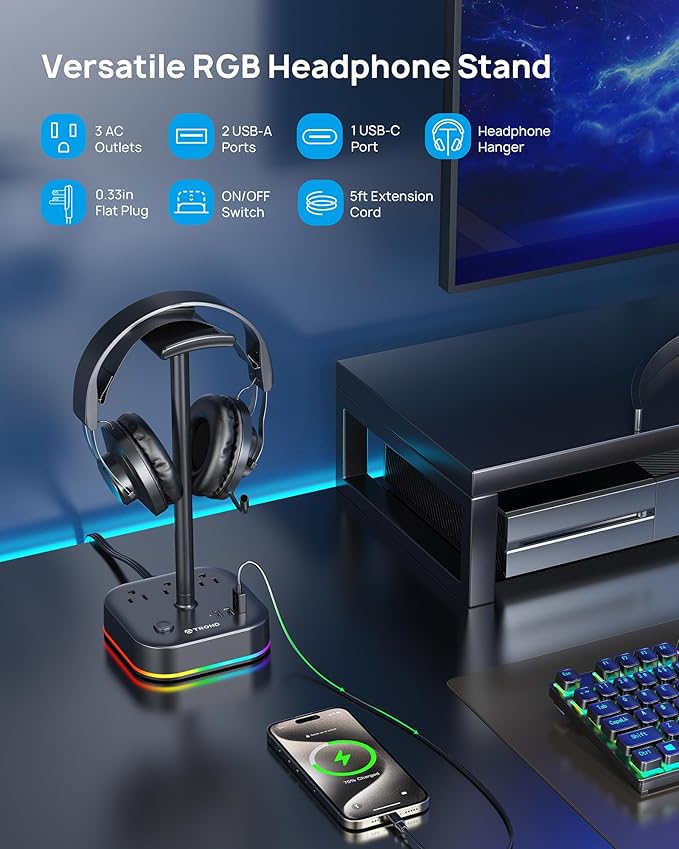 TROND Headphone Stand with USB C, Desk Gaming Headset Holder with 3 AC Outlets, 2 USB-A and 1 USB-C, Headset Stand with 5 RGB Light Modes, for Gaming Desk Accessories Gamer Boyfriend Gifts