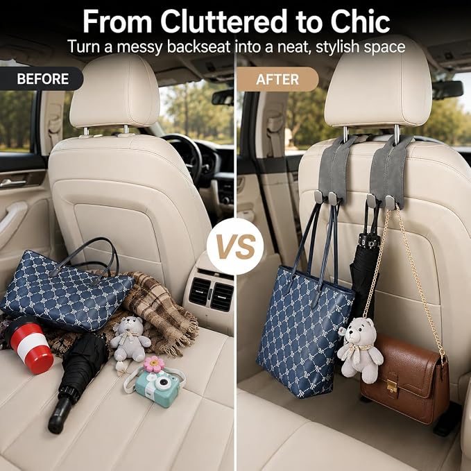 2Pcs Wide Car Headrest Hooks for Purses and Bags, 2026 Upgraded 0.98” Wide Opening for Thick Bag Handles, Premium Leather Car Seat Hanger with Dual Metal Hooks, WideFit Gray