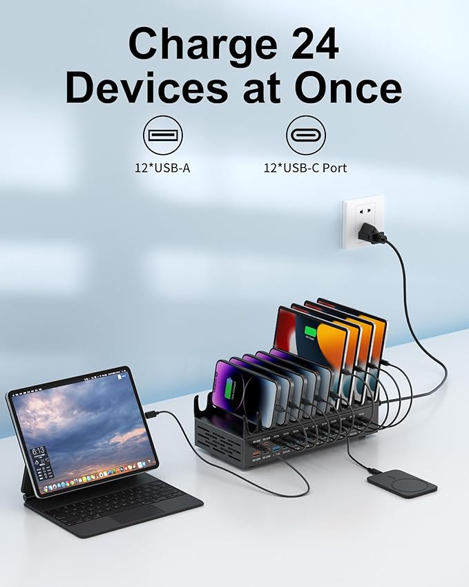 420W Charging Station for Multiple Devices - 24 Ports USB Fast Charging Station with 30W Power Delivery, Multi Charger Dock for Phone Tablet, Home, Office, School