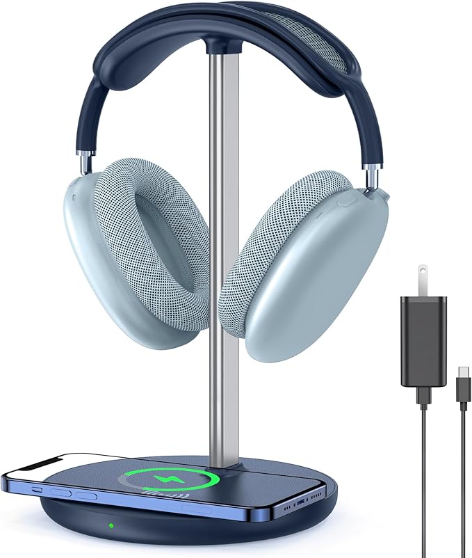 Headphone Stand with Wireless Charger, Gaming Headset Holder Hanger Rack 2 in 1 Wireless Charging Station Dock for iPhone 15/14/13/12/11 Series, Samsung, AirPods Pro/3/2, Aluminum Alloy Rod, Navy Blue