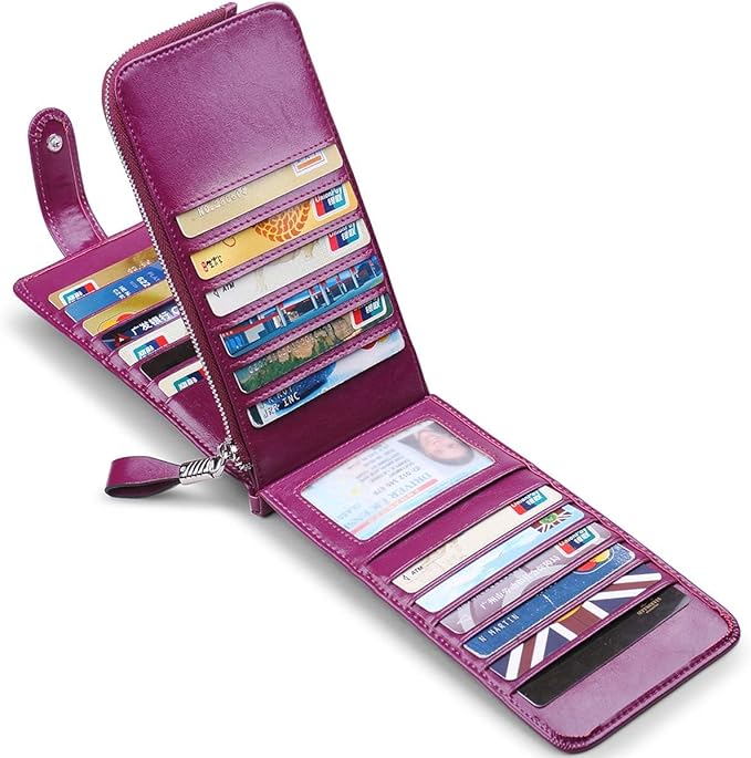 Women's Genuine Leather Credit Card Holder RFID Long Zipper Purse Wallet