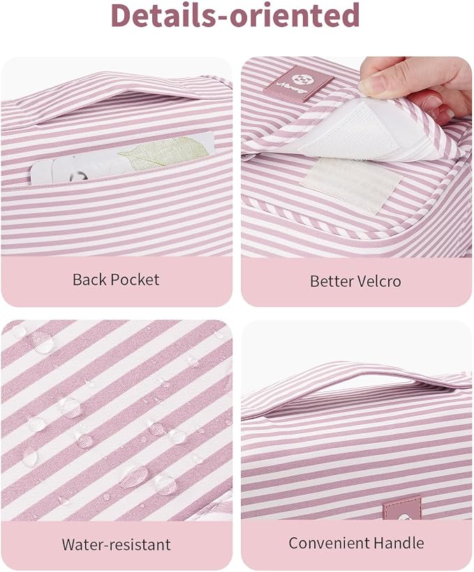 Narwey Small Hanging Toiletry Bag for Travel Women Girl, Striped Toiletries Travel Bag with Hook, Hanging Makeup Bag Organizer Make Up Cosmetic Bags, Gifts for Kids Teen (Dusty Pink Stripe)