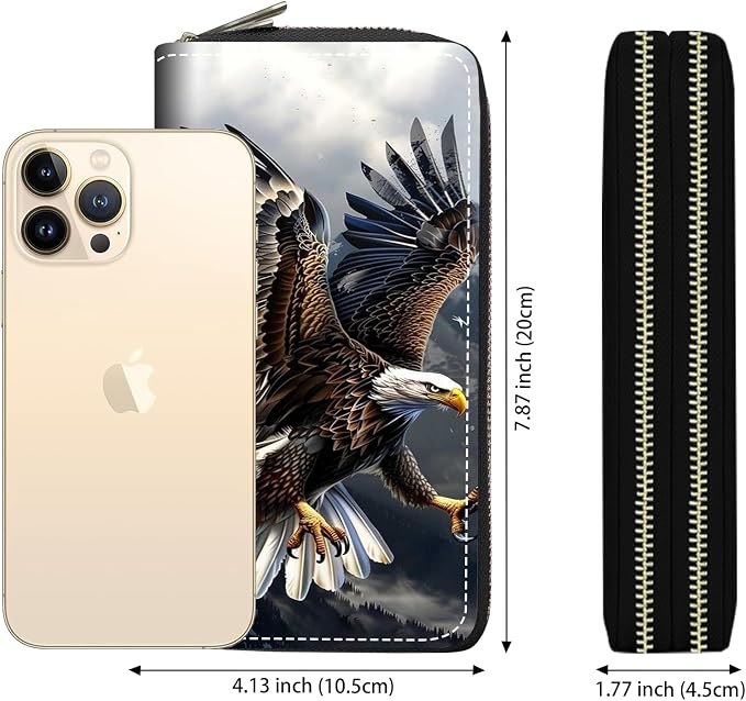 Women's Large Capacity Wallet PU Leather Double Zipper Clutch Purse Multifunctional Wallet with Removable Wristlet Strap for Smart Phone/Coin/Card/Cash, Bald Eagle