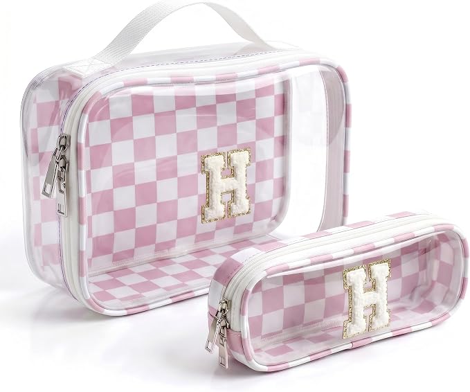 Initial Makeup Bag for Girls Kids|Sunscreen Cosmetic Bag |Travel Toiletry Bag |Gift for Teacher Teen Girls Girlfriend Bridal Shower |Birthday Gift for Kids|15 14 13 Year Old Girl Gifts(H,Pink&Beige)