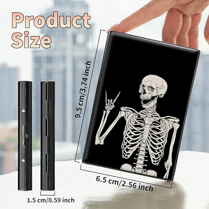 Slim Credit Card Holder, Skull Skeleton RFID Blocking Metal Wallet for Men & Women, Aluminum Minimalist Hard Case Pocket-Sized Business Cards Organizer (Fits Up to 10 Cards)