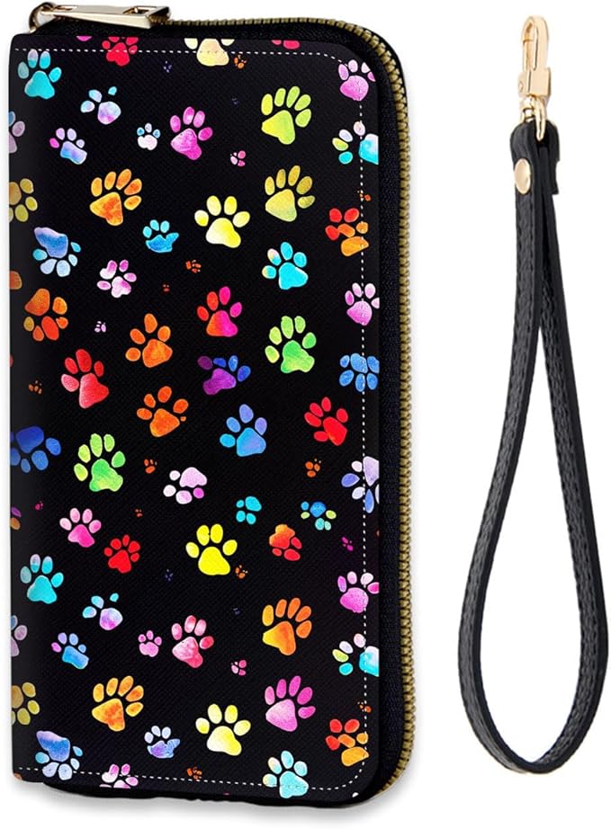 Women's RFID Blocking Zip Around Wallet with Detachable Wrist Strap, Large Capacity Credit Card Holder Organizer for Everyday Use,Cute Dog Paw