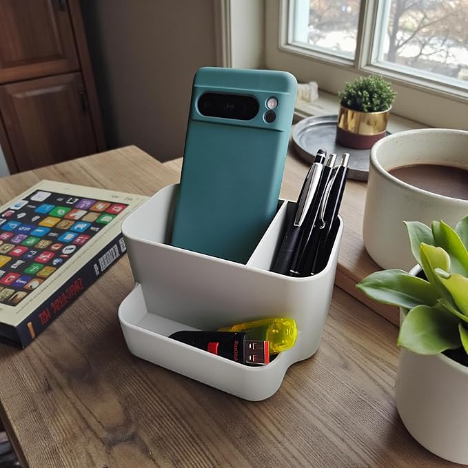 Desk Organizer with Phone Holder – Minimalist Office Storage for Pens, Accessories & Essentials – Modern Aesthetic Desk Organizer (Light Gray)