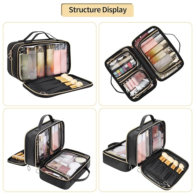OCHEAL Travel Toiletry Bag, Double Layer Clear Makeup Bag Organizer Large Capacity Cosmetic Bag for Traveling Women Beauty Essentials, Multiple Compartments Makeup Case- Black