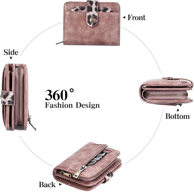 GAEKEAO Small Leather Credit Card Holder Wallets for Women RFID Blocking Bifold Wallet Zipper Pocket with Removable ID Window