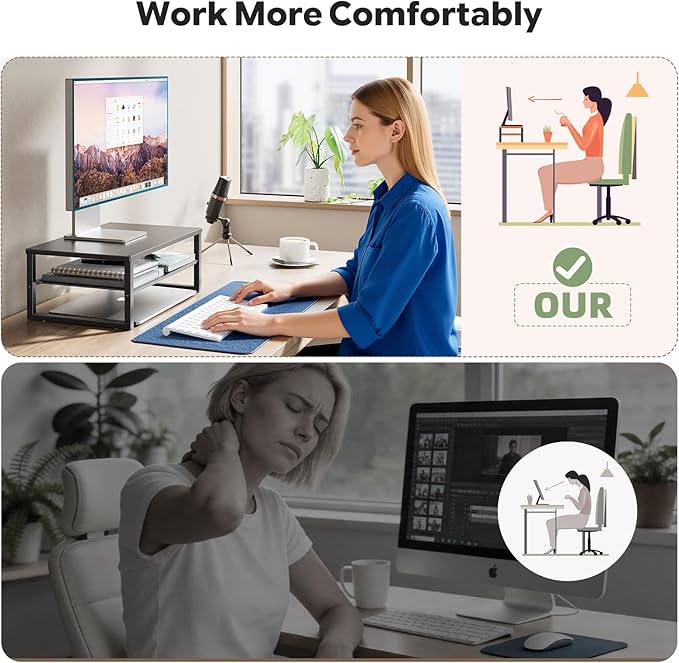 Ekisemio 2-Tier Computer Monitor Stand Riser, Desk Organizer for Monitor, Black