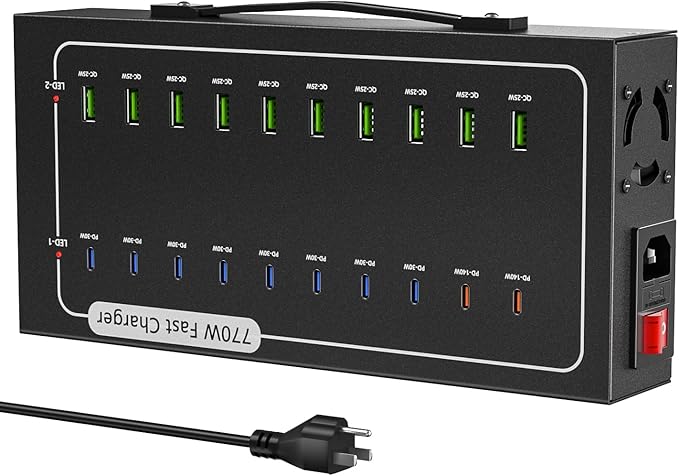770W USB Charging Station with 20 Ports for Multiple Devices, 10 USB A+10 USB C, Charger Block,Smart Power Delivery & Multi Protection Compatible with iPhone/iPad/Tablets/Smartphones & More