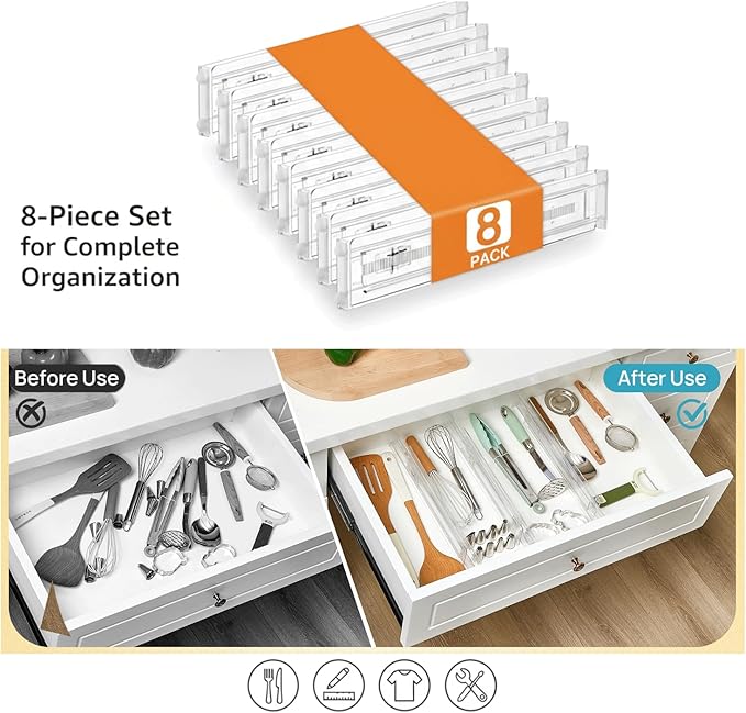 Acrylic Drawer Dividers ??Adjustable 11??0.8 Inch Expandable Deep Dresser Drawer Dividers ??Clear Plastic Drawer Separators for Baby Clothes, Underwear, Kitchen & Office Storage.