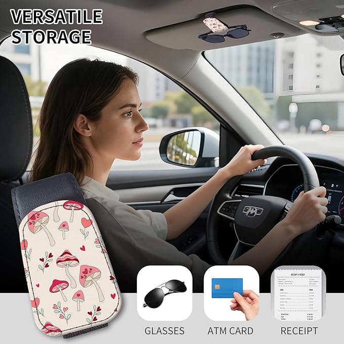 Sunglasses Holder for Car Visor, PU Leather Glasses Clip Organizer, Cute Magnetic Eyeglass Holder for Vehicle Sun Visor, Car Interior Accessory for Women & Men Pink Mushroom Garden