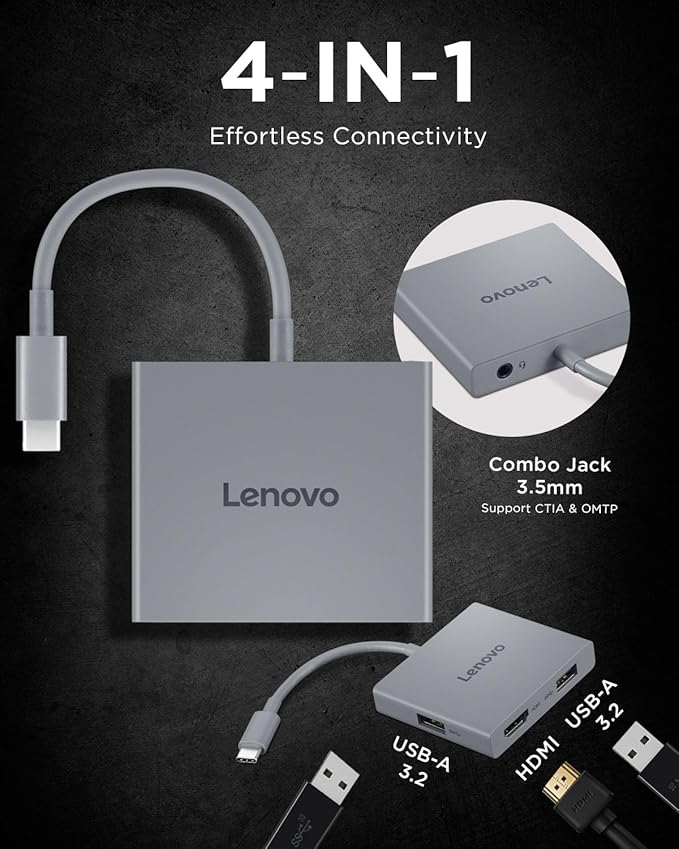 Lenovo USB-C 4 in 1 Travel Hub Block with Integrated Cable, 1x HDMI 4K @ 60Hz, 2X USB-A 3.2, 1x 3.5mm Combo, Luna Grey ??Portable, Compact, High-Speed Connectivity Laptops PC Gaming Console Charging