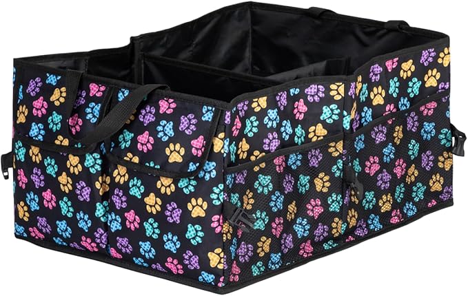 GreaterGood Collapsible Paw Print Car Trunk Organizer with 6 Pockets Truck SUV and Sedan Caddy With Compartment Vehicle Storage Container (Argyle Paws)