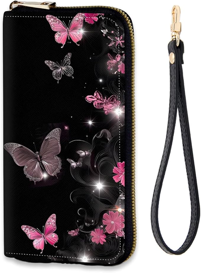 Women's RFID Blocking Zip Around Wallet with Detachable Wrist Strap, Large Capacity Credit Card Holder Organizer for Everyday Use,Butterflies Flower