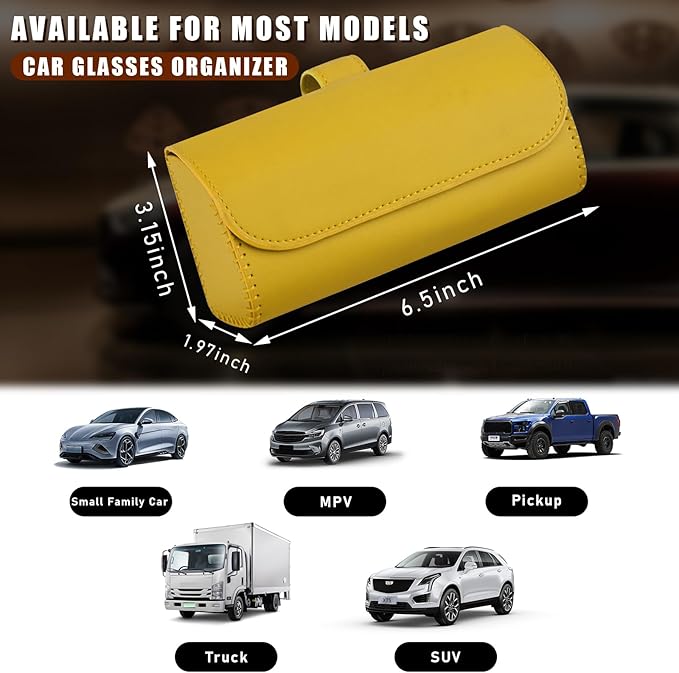 Augeny Sunglasses Holder for Car Sun Visor, Leather Auto Eyeglasses Storage Case with Hidden Magnetic Closure, Protective Glasses Organizer Box, Vehicle Visor Accessories for Woman Man (Yellow)