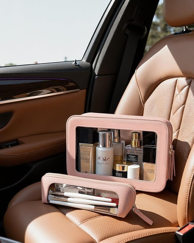 LETGO 2Pack Clear Makeup Bags Set, Clear Travel Makeup Brush Holder, Portable Leather Travel Toiletry Bag Pink Car Accessories for Women