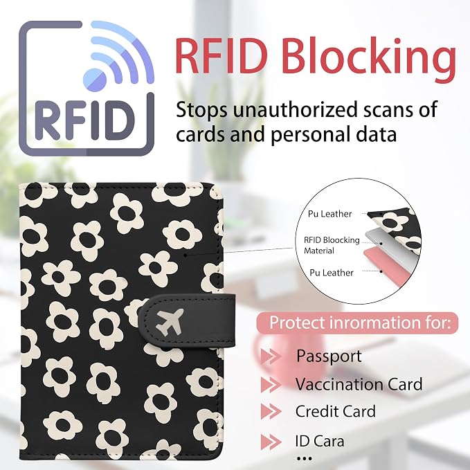 Passport Holder, Travel Wallet Cover with Pen Loop | Cute RFID Blocking Leather Case with Magnetic Closure for Travel Essentials-Flower