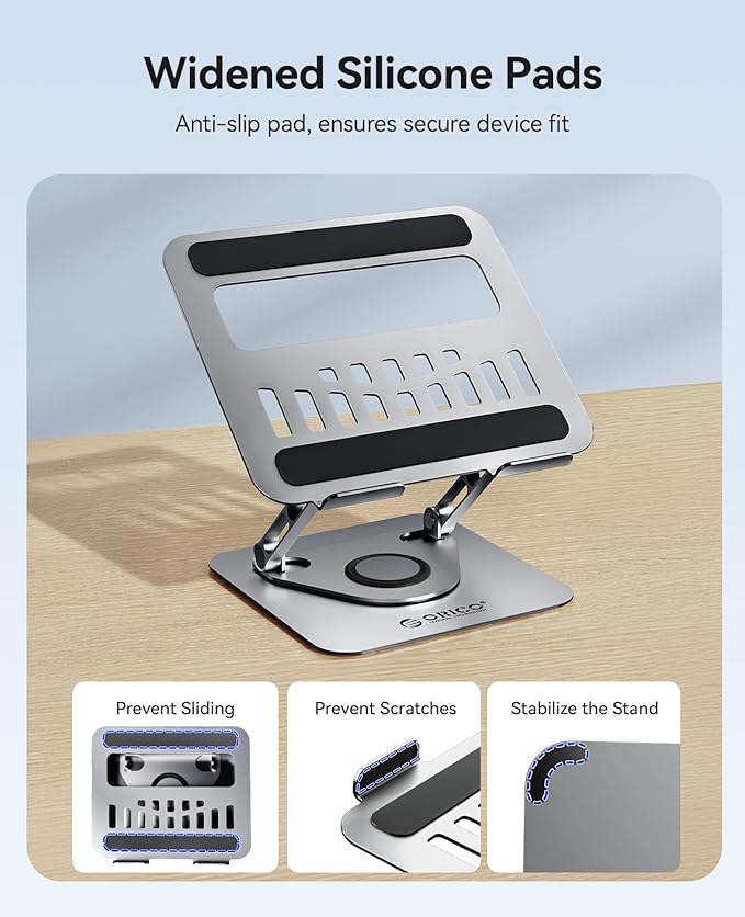 ORICO Adjustable Laptop Stand for Desk, 360° Rotating Base, Foldable Aluminum Alloy Computer Stand with Ventilated Design, Compatible with MacBook Air/Pro, Dell, XPS, HP up to 17'' - ST12, Gray