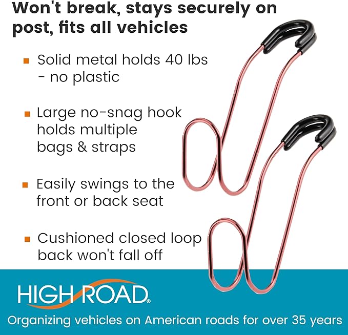 High Road Unbreakable Car Bag Hooks - Large Car Seat Hooks for Purse, Backpack, Coats, Hats and Heavy Bags up to 40 lbs - Secure Attachment Fits All Headrest Posts, 2 Pack